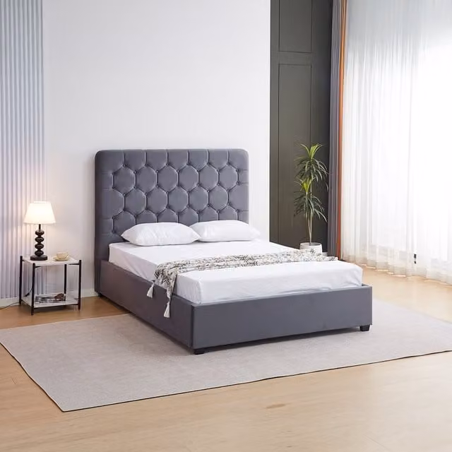 Seconique Madison Ottoman Double Bed in Grey Velvet Fabric, W/D/H: 140 x 200 cm