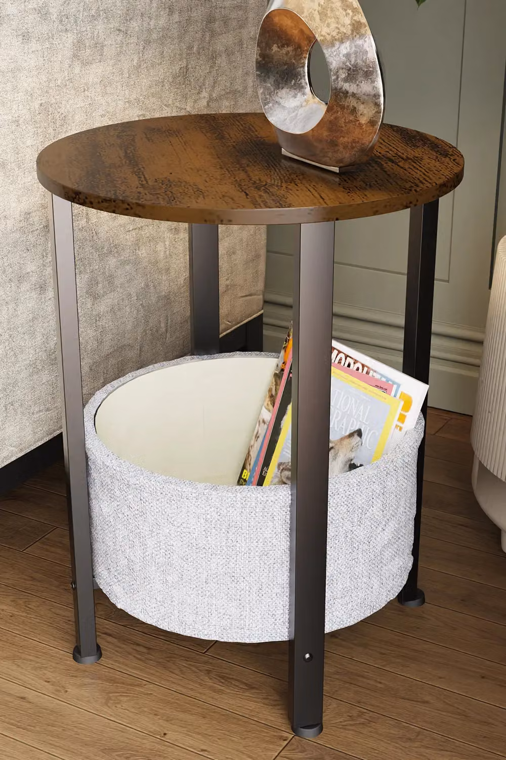 FWStyle Urban Round Side Table with Basket in Black and Brown – 2