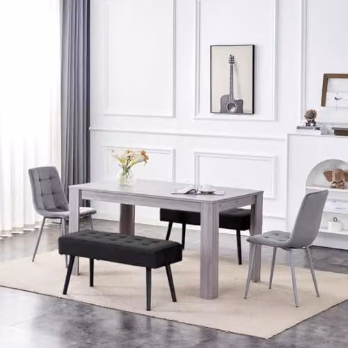 KOSY KOALA Modern Dining Table Set with Grey Wood Effect Table, 2 Grey Velvet Chairs and 2 Black Velvet Benches, W/D/H: 117 x 77 x 75 cm