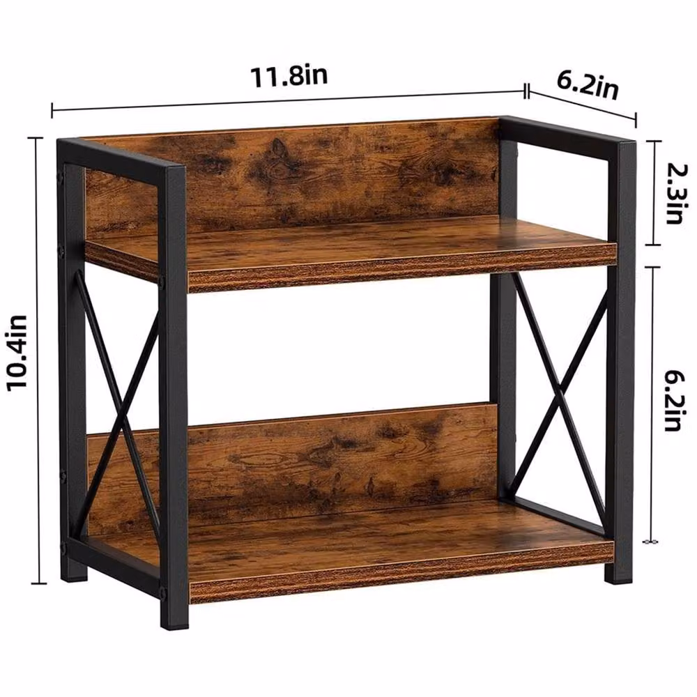 Nordara 2 Tier Rustic Brown Wood Coffee Bar Accessories Organiser and Kitchen Counter Shelf – 2