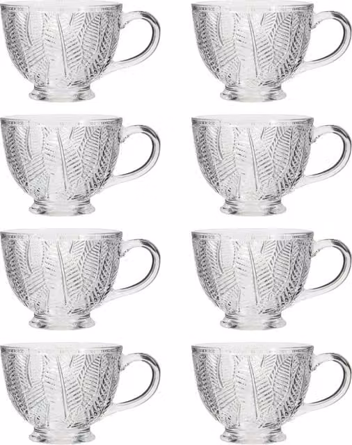 Dibor Set of 8 Vintage Embossed Botanical Glass Coffee Mugs, Transparent, 400ml per cup – 1