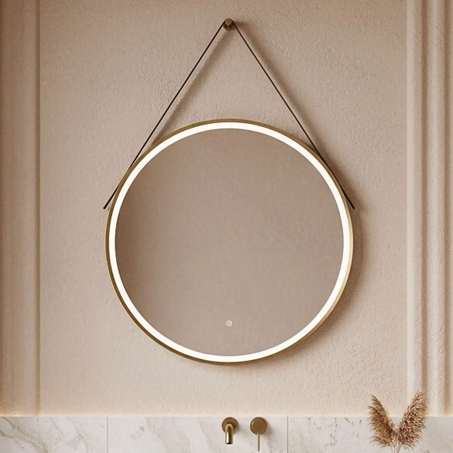 Balterley Round LED Bathroom Mirror with Demister and Strap, Brushed Brass and Brown, W/D/H: 80 x 80 x 80 mm – 4