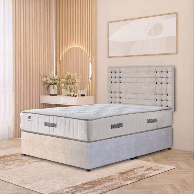 Somnior Beds Ltd Saville Plush Velvet Divan Bed Set with Headboard and Drawers, Silver, W/D/H: 200 x 200 cm