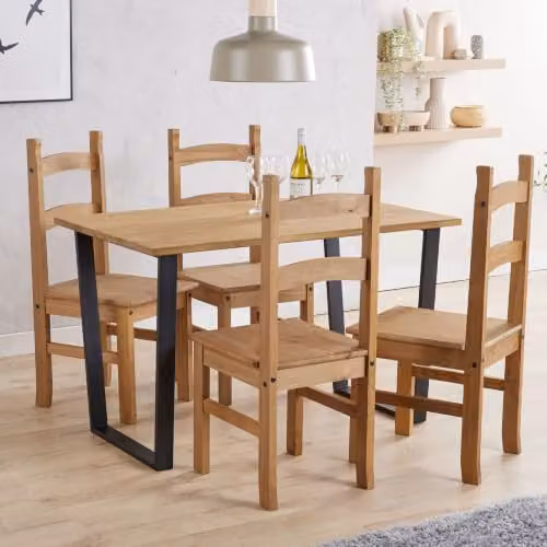 Core Products Texas 5-Piece Industrial Dining Set with Pine Tabletop and Four Brown Wax Finish Chairs