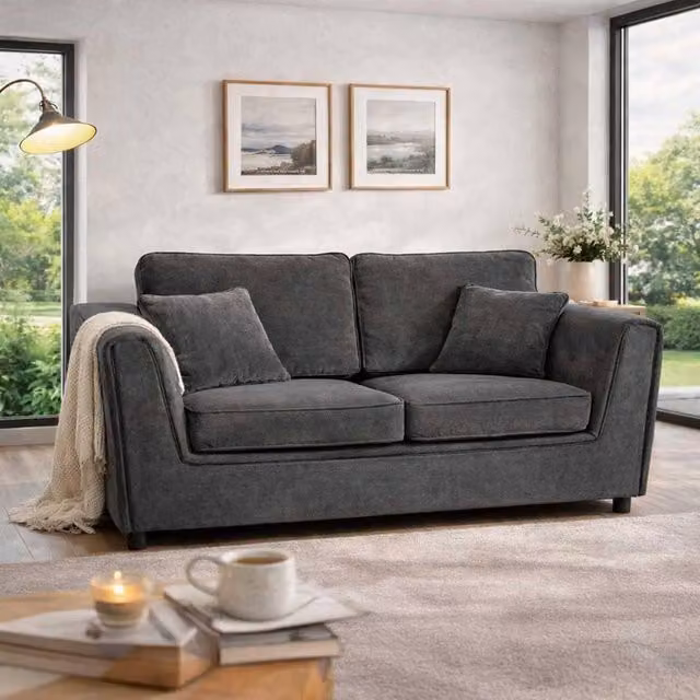 Furnishings For Less UK Ascot 3 Seater Sofa in Charcoal Chenille Fabric with Scatter Cushions – 1