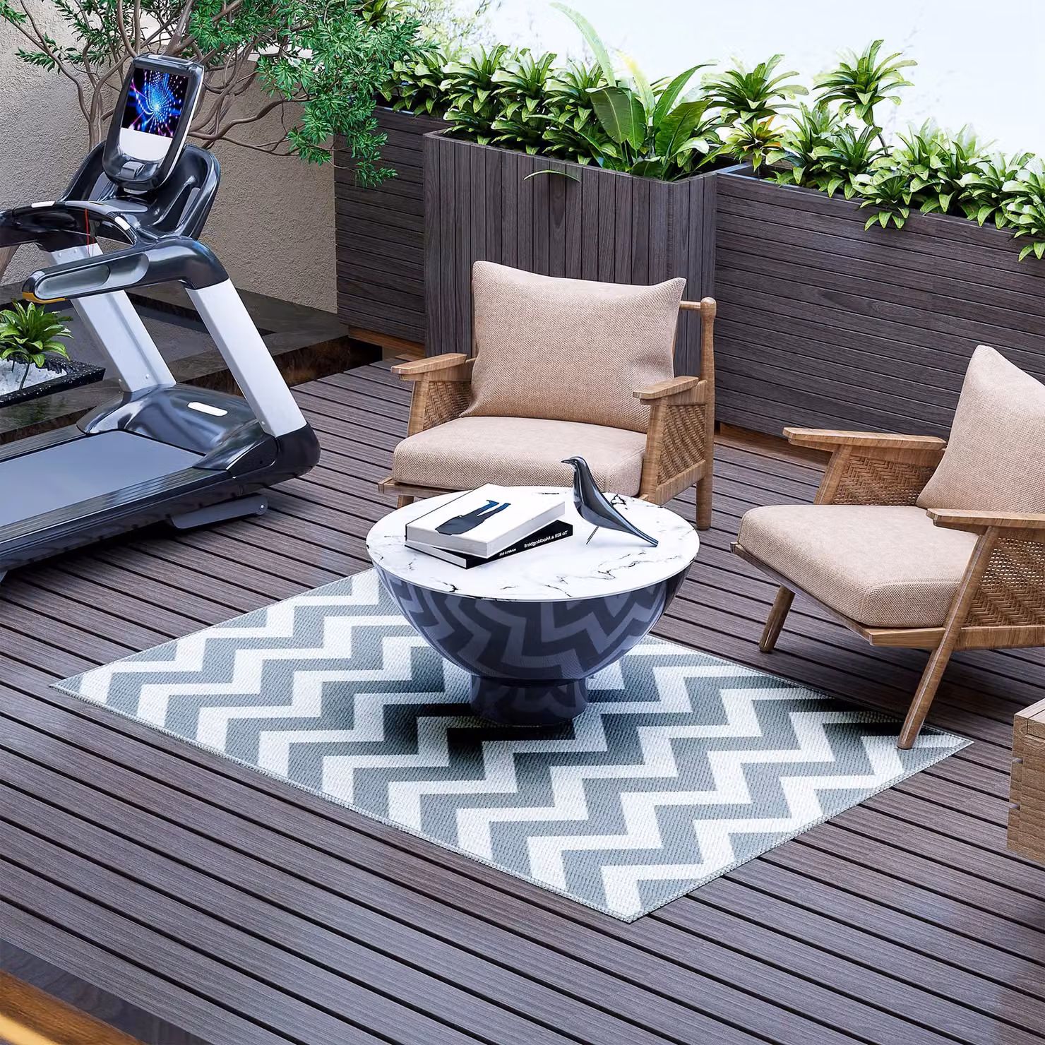 OUTSUNNY Reversible Outdoor Rug in Grey and White with Wave Pattern, W: 120 cm, L: 180 cm – 2