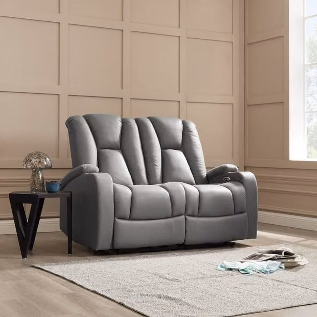 Lynn 2-Seater Electric Recliner Sofa in Dark Grey Air Leather and Fabric with USB Charging and Cup Holders