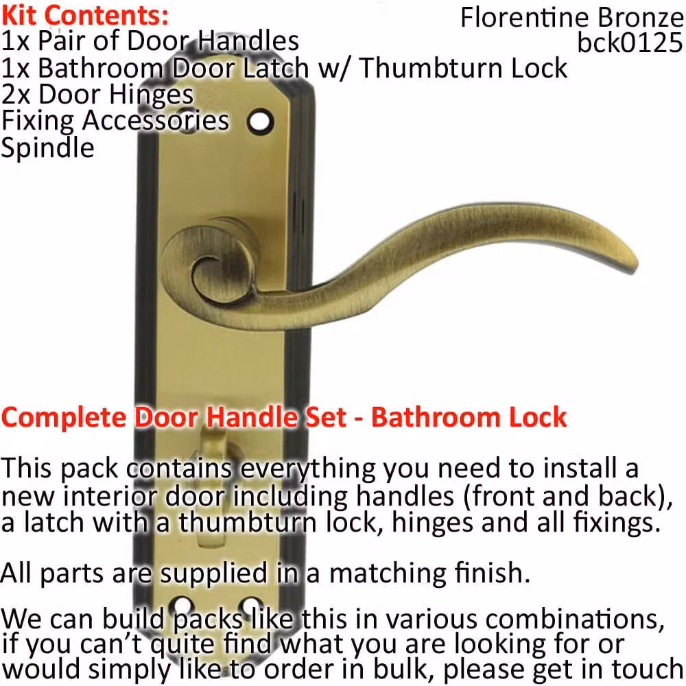 Loops Bronze Spiral Lever Door Handle and Bathroom Lock Pack with Thumb Turn and Backplate – 2