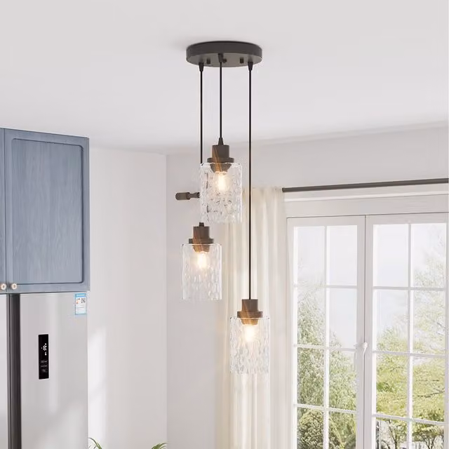 Komore Modern Suspended Pendant Light with Transparent Rippled Glass Shades and Black Metal Finish