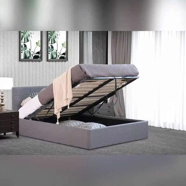 Comfy Living Ltd Grey Linen Fabric Upholstered Gas Lift Ottoman Bed, W/D/H: 180 x 200 cm