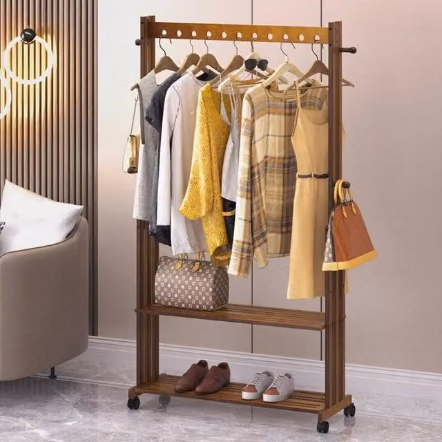 Kelvenix Rolling Bamboo Clothes Rail Rack in Brown – 1