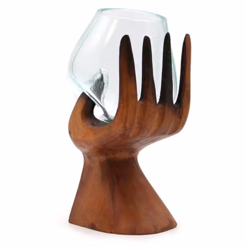 KDMD Brown Carved Hand with Molten Glass Bowl