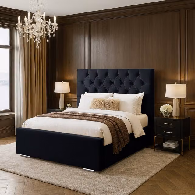 Desire Deco Lea Upholstered Velvet Bed Frame in Black, Single