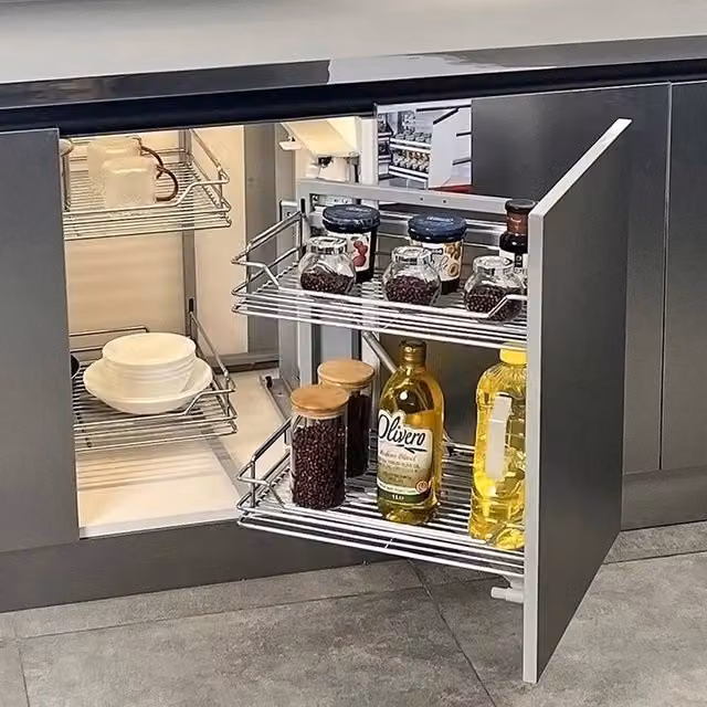 PAWNORA Silver Metal Kitchen Magic Corner Basket Larder Storage Shelf – 1