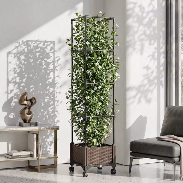 Breeins Raised Garden Planter with Trellis and Wheels in Brown