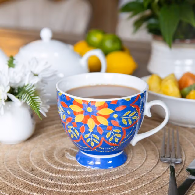 KitchenCraft Set of 4 Moroccan Blue Floral Ceramic Footed Mugs