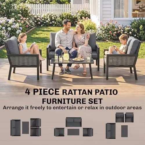 Outsunny 4 Seater Rattan Garden Furniture Set in Grey with Coffee Table, 2 Seater Sofa, and Lounge Armchairs – 6