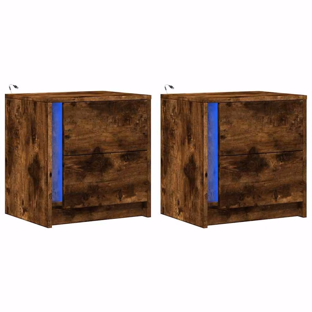 Berkfield Home Set of 2 Modern Smoked Oak Bedside Cabinets with Integrated LED Lighting in Brown – 3