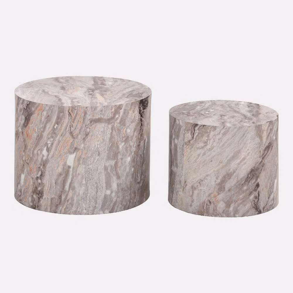 OHS Set of 2 Round Marble Effect Coffee Tables in Grey – 2