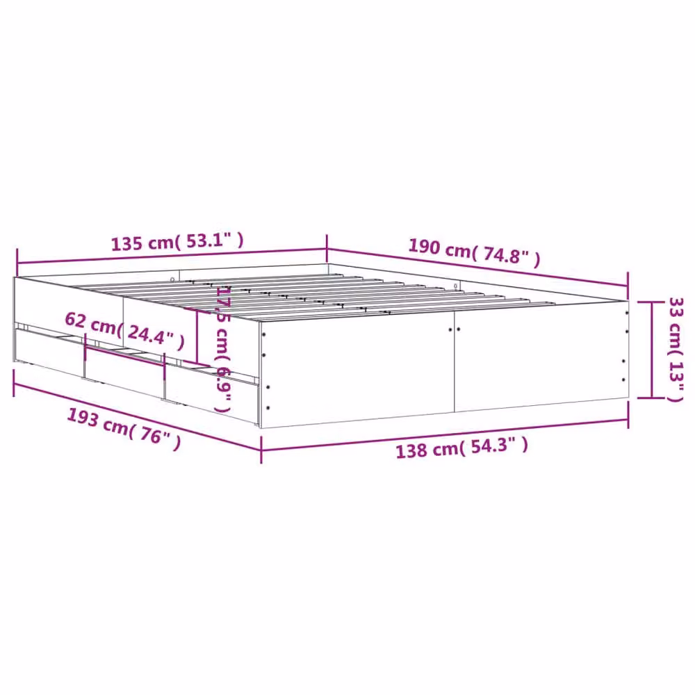 Berkfield Home Modern Double Bed Frame with Drawers in Grey Sonoma, W/D/H: 140 x 138 x 33 cm – 2