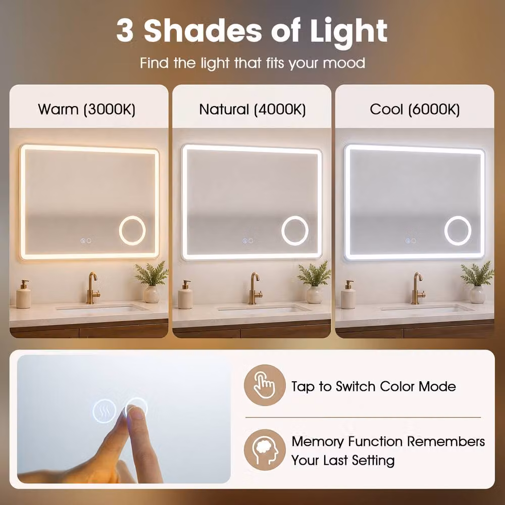 Costway Silver Rectangular Wall Mounted Bathroom Mirror with 3X Magnification and Dimmable LED Light – 8