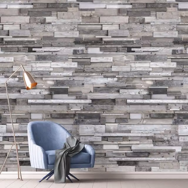 Grandeco Wood Digital Mural Wallpaper in Grey