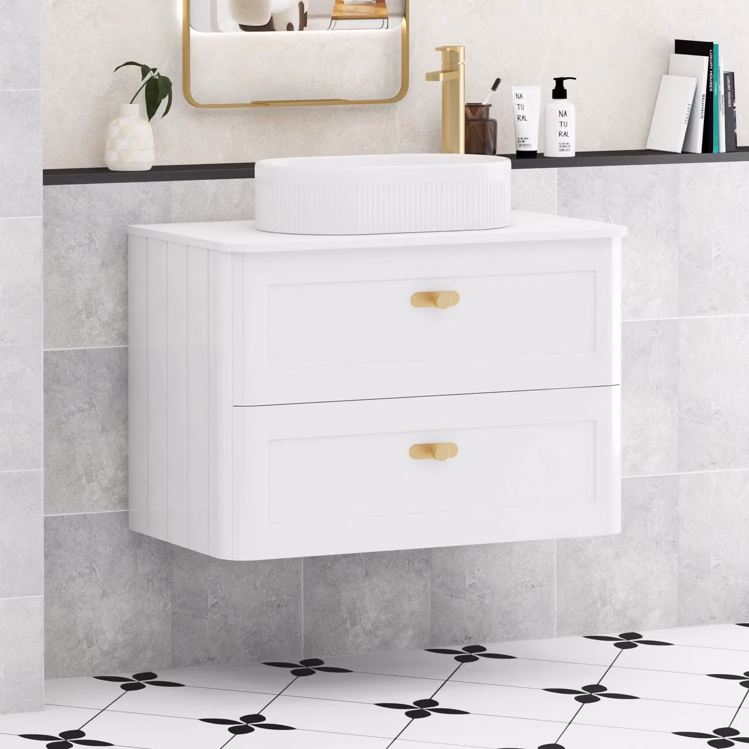 Royal Bathrooms Henley 800mm Gloss White Wall Hung Vanity Unit with Lyon Basin and Brushed Brass Knob