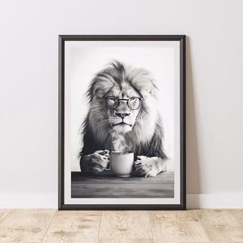 60 Second Makeover Funny Lion Drinking Coffee Paper Poster, A3, Multicolour