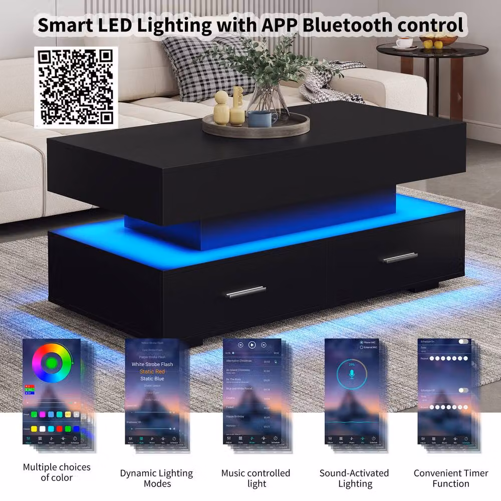 Merax Modern Hydraulic Lift-Top Coffee Table with LED and 2 Drawers in Black – 5