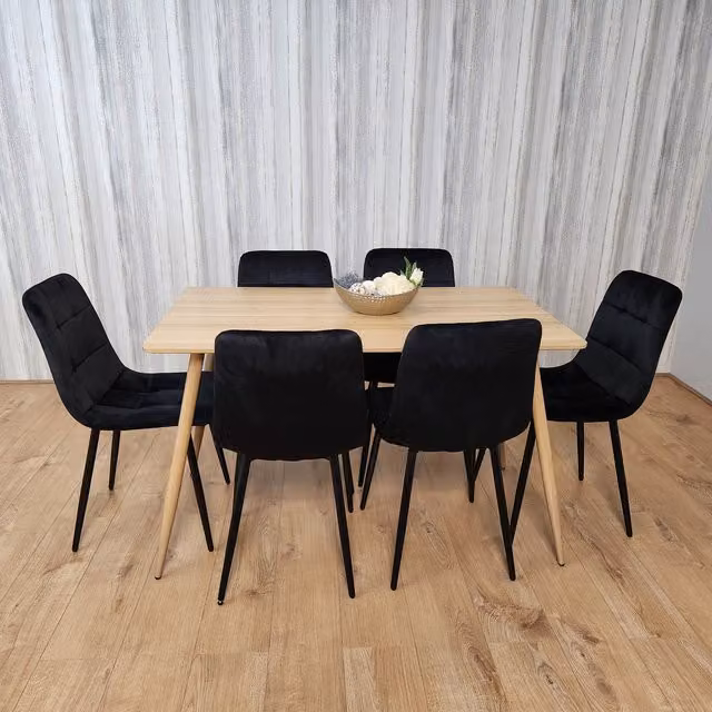 Kosy Koala Oak Rectangular Kitchen Dining Table with 6 Black Velvet Tufted Chairs Set