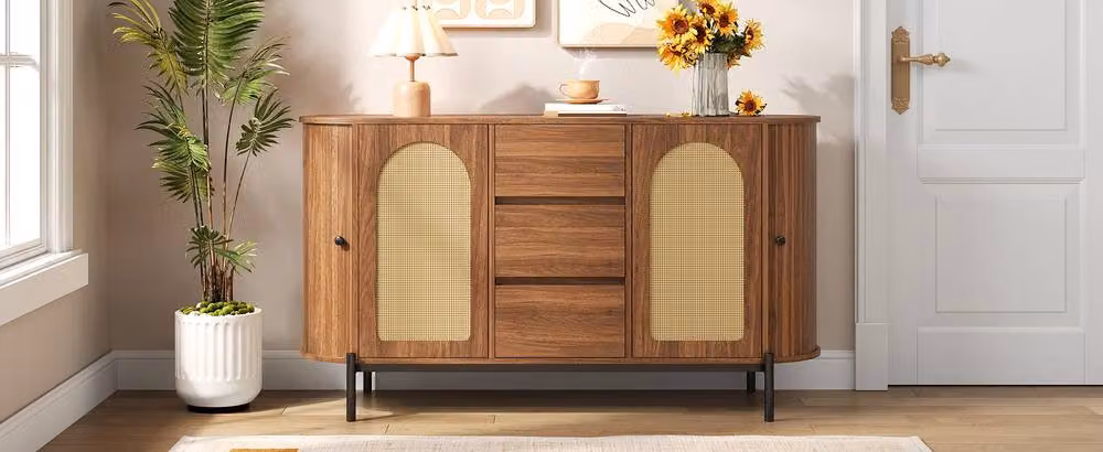 BTM Scandinavian Rattan Sideboard with Sliding Doors and Drawers in Walnut Brown – 4
