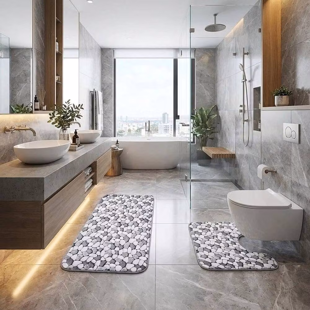 FLAVORA 2-Piece Pebble Stone Memory Foam Bath Mat and WC Pedestal Mat Set in Grey, W/D/H: 180 x 80 x 80 cm – 3