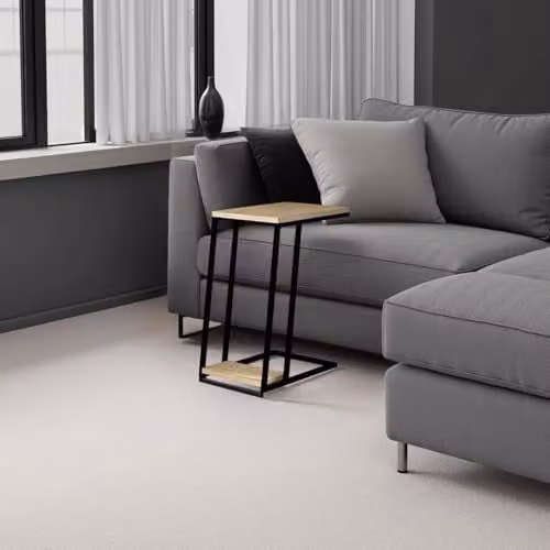 FWStyle 2 Tier Modern Oak C-Shaped Side Table with Metal Frame, Brown, W/D/H: 40.9 x 45.0 x 57.0 cm