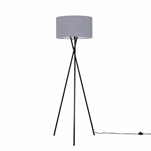ValueLights Camden Black Metal Tripod Floor Lamp with Grey Fabric Cylinder Shade – 1