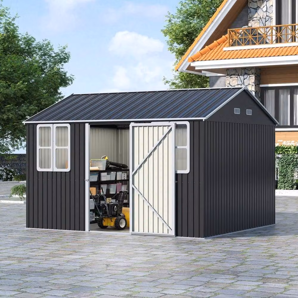 FLAVORA Black Galvanised Steel Garden Tool Storage Shed with Gable Roof – 3