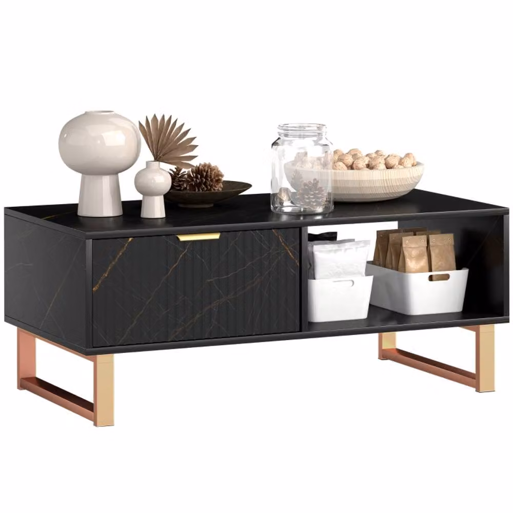 STILVORA Modern Rectangular Coffee Table with Drawer and Shelves in Black Marble Effect and Gold Metal Sled Base – 8