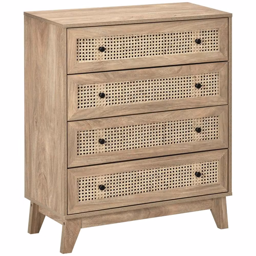Wyld Haus Mohetak 4 Drawer Wood Effect Chest with Rattan Panels in Natural and Beige, W/D/H: 95 x 35 x 80 cm – 2