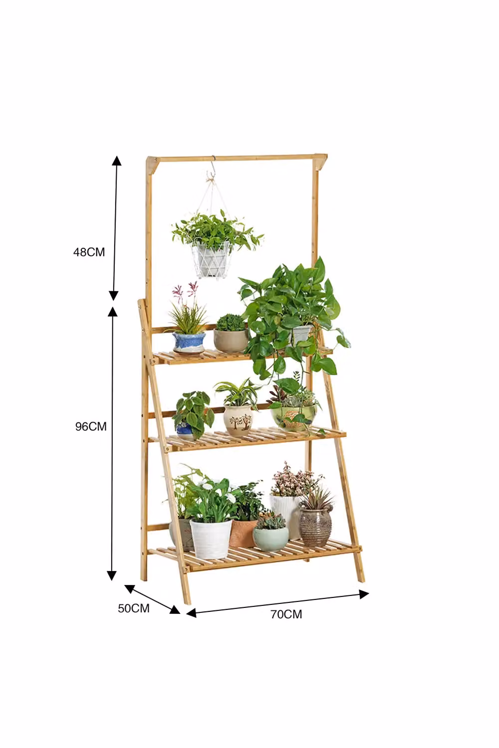 H&O Direct 3-Tier Foldable Wooden Ladder Shelf with Hanging Rod in Natural Brown – 2