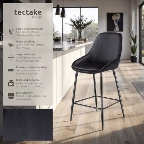 tectake Set of 4 Siera Bar Stools in Black Velvet Look with Slim Metal Legs – 4