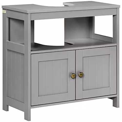 kleankin Pedestal Under Sink Bathroom Cabinet with Double Hinged Doors and Internal Shelves, Light Grey
