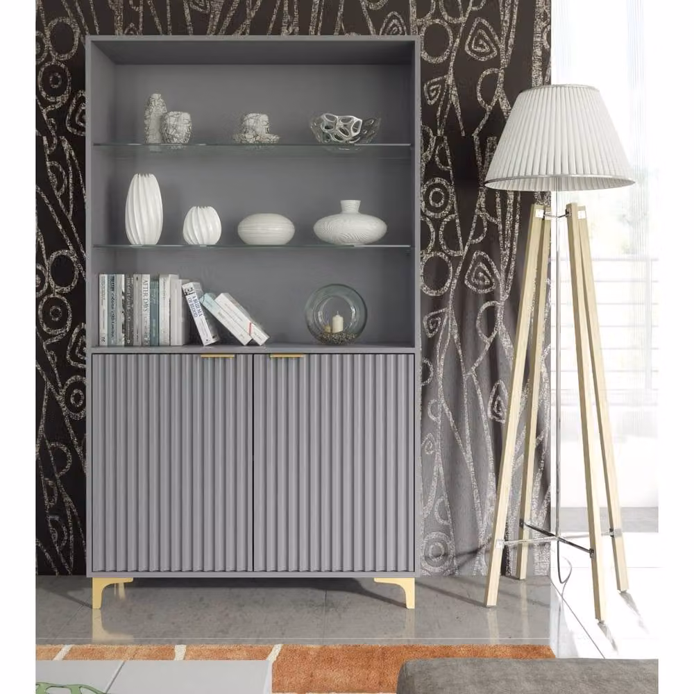 Mex Furniture LTD Tide Crest Display Cabinet in Dark Grey with Fluted Glass Doors, Height: 175 cm – 2