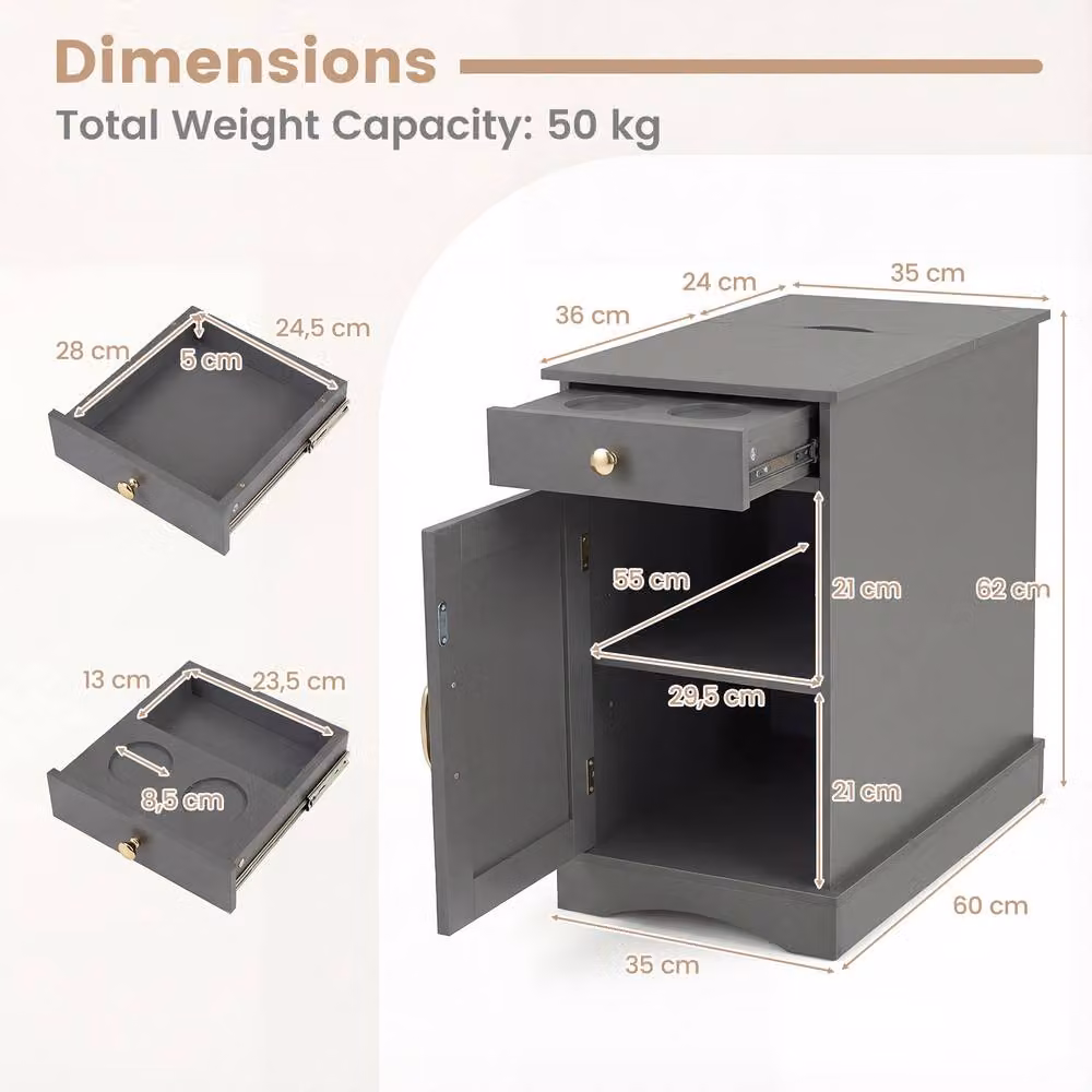 Costway Wooden End Table with Charging Station and Drawer, Grey – 2