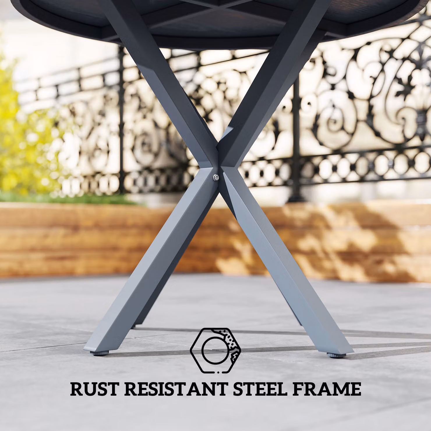 Outsunny Round Garden Dining Table with Wood Effect MDF Top and Powder Coated Steel Frame, Grey, Diameter: 85 cm – 5