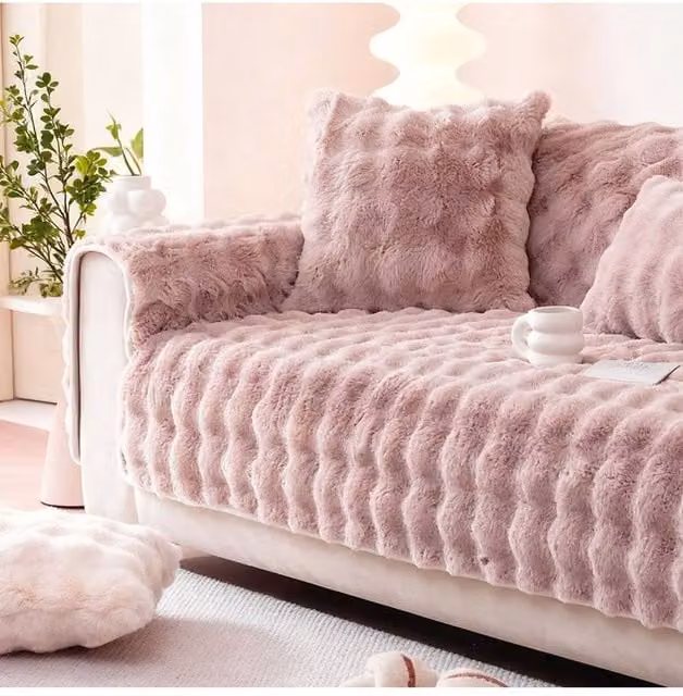 Living and Home Sleek Textured Plush Fleece Sofa Cover in Pink, Small