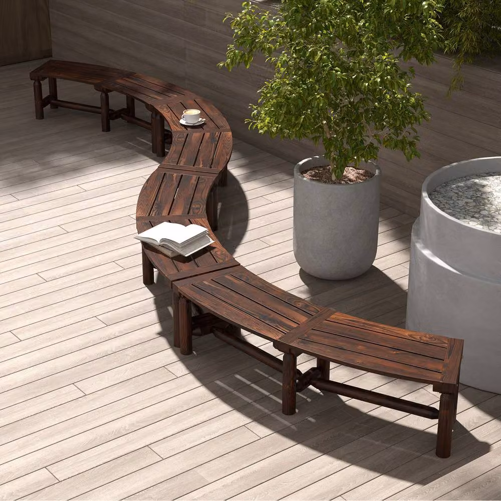 Gymax Brown Curved Pine Wood Patio Dining Bench for 2 Adults – 4
