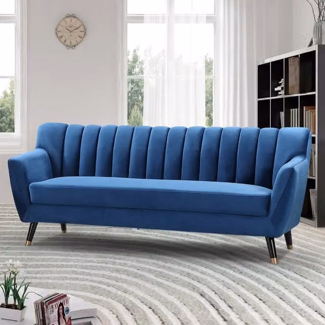 Artemis Home Morgan 3 Seat Blue Velvet Upholstered Sofa with Solid Wood Frame
