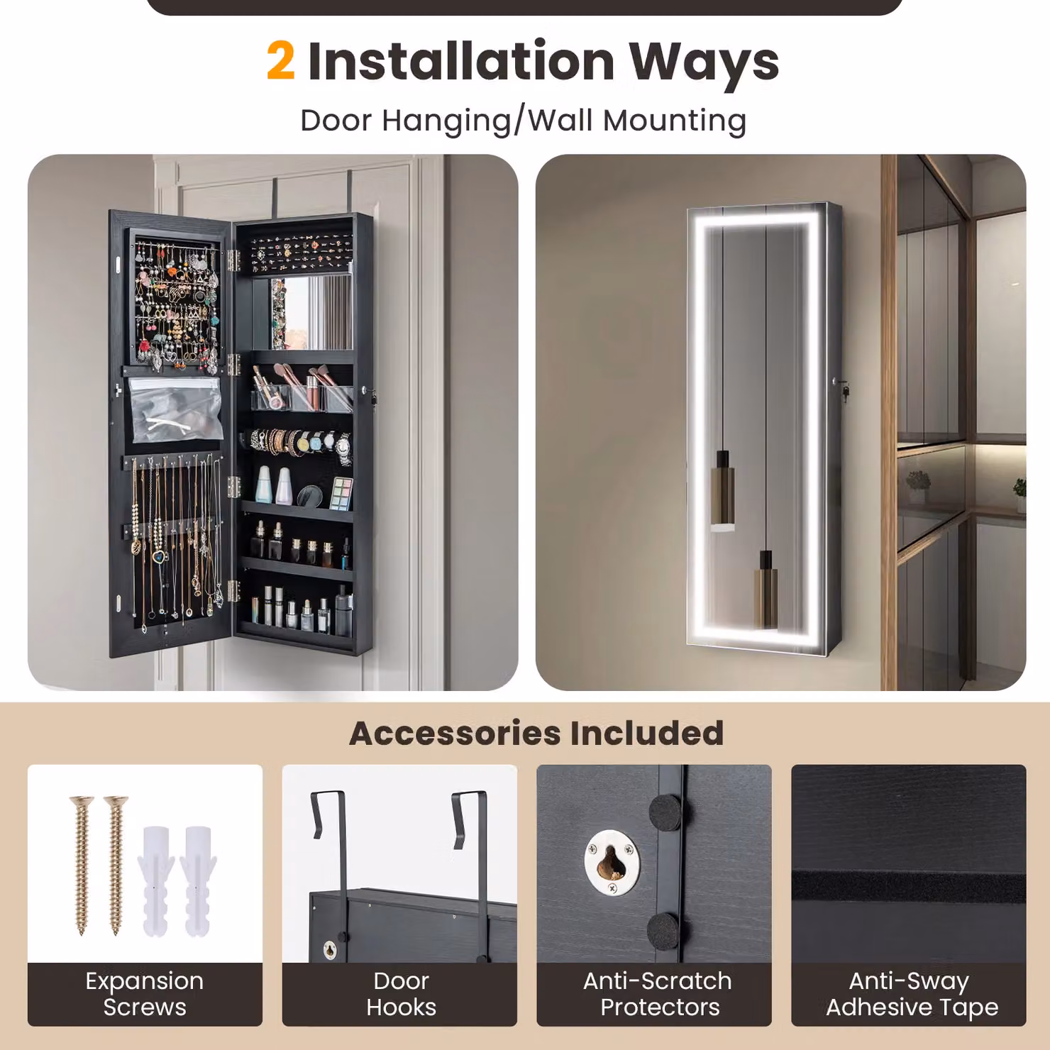 Costway Full Length Mirror Jewelry Cabinet with 3 Colour Lights, Black, Wall Mounted or Door Hanging – 6