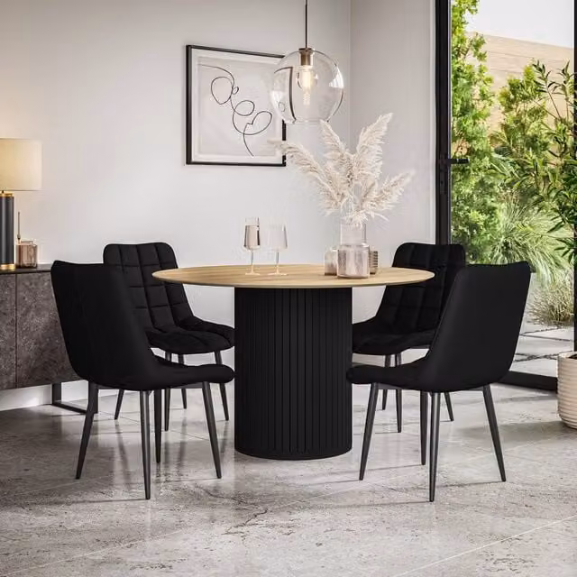 More4Homes Arlo Oak Round Dining Table with Black Legs and 6 Nova Faux Leather Dining Chairs, W: 120 cm, H: 75 cm – 1