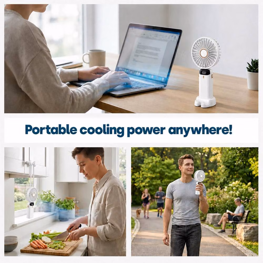 Dragodirect Handheld Mini USB Rechargeable Fan with 5 Speeds and Type C Charging in White – 3