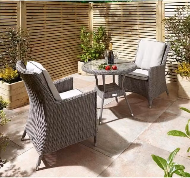 Cheshire 2 Seater Natural Stone Rattan Weave Garden Bistro Set in Grey